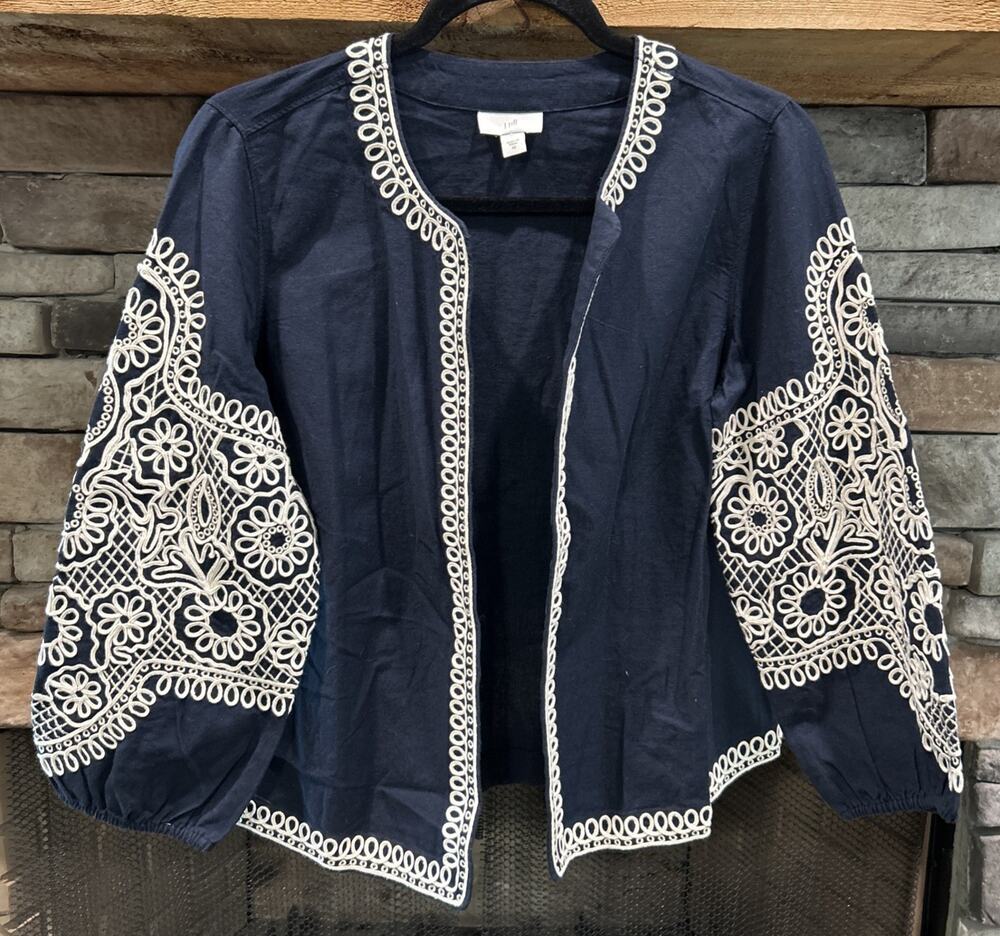 Women’s J.JILL Blue Linen Blend Appliqué Open Cardigan Jacket Size XS *B2